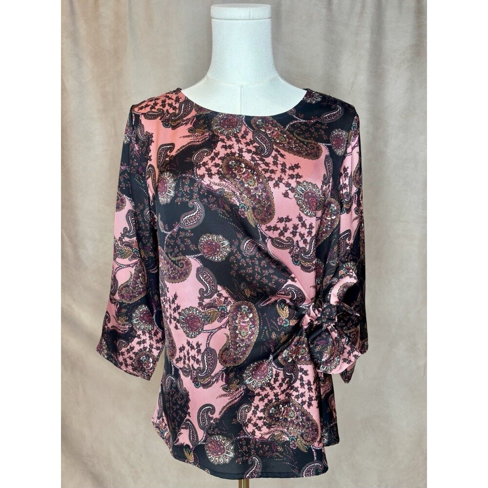 Dressbarn Paisley Side Tie Blouse Petite Medium Pink Black Career Top